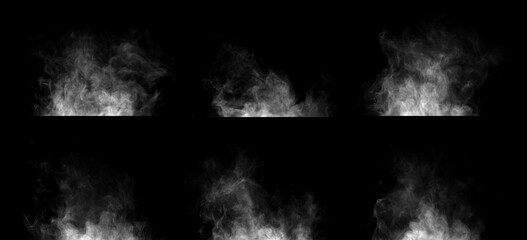 Fototapeta premium set white smoke steam spray, and abstract vapor water isolated on a black background. concept of texture cold mist or hot vapor, fog effect, and cloud for design air pollution, element smog