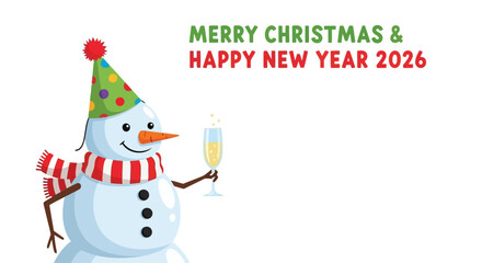 Cheerful snowman wearing a festive party hat and scarf holds a glass of champagne to celebrate merry christmas and happy new year 2026