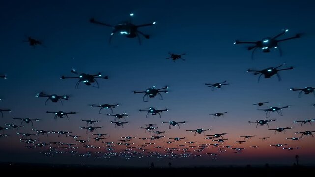 Drone swarm aerial display at sunset creating a futuristic and technological spectacle