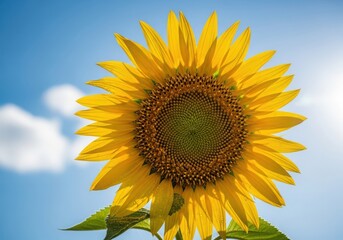 Obraz premium A vibrant sunflower in full bloom against a blue sky with fluffy clouds and the sun shining brightly in the background