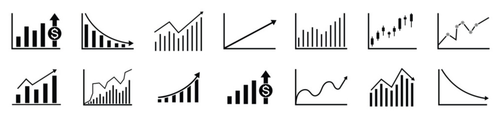 Growing bar graph icon set. Business graphs and charts icons. Business statistics and analytics, charts diagrams, money, down or up arrow. Vector 