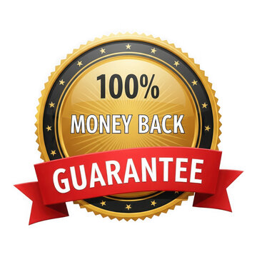 3d illustration of gold 100 percent money back guarantee badge isolated on transparent background with red ribbon for customer satisfaction