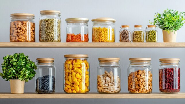 Colorful Glass Jars Filled with Various Grains and Nuts on Shelves - Powered by Adobe