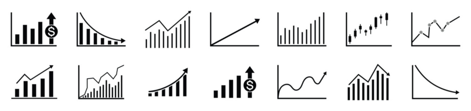 Growing bar graph icon set. Business graphs and charts icons. Business statistics and analytics, charts diagrams, money, down or up arrow. Vector 