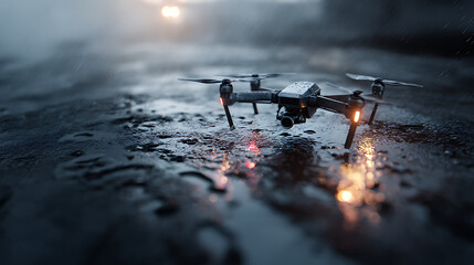 A high-tech drone hovering over a wet, reflective surface during a cold, rainy atmospheric scene, showcasing advanced technology in challenging weather conditions