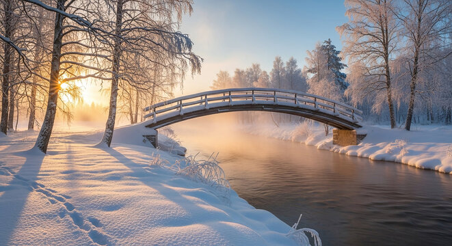 Golden sunrise illuminates snowy winter landscape with arch bridge over steaming river