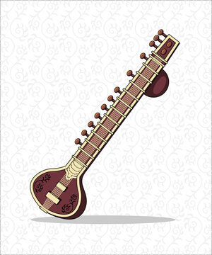 Sitar vector illustration. Indian musical instrument, cultural object design on seamless pattern background