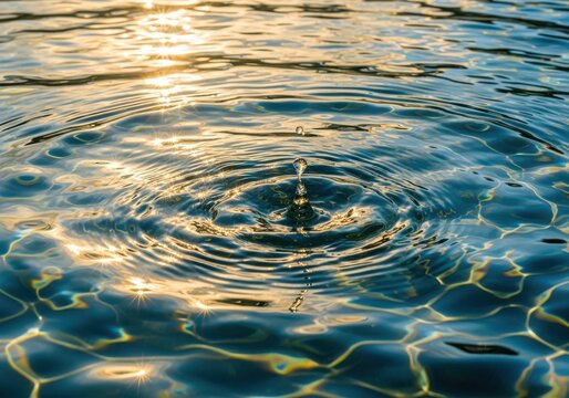 Captivating water droplet creating ripples on a serene water surface, reflecting sunlight and showcasing natures beauty in motion