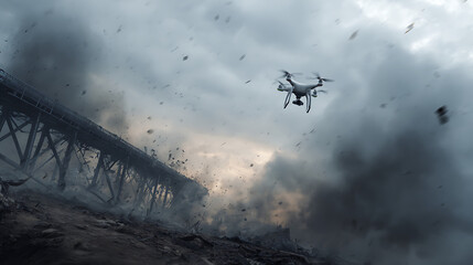 Cinematic shot of a modern drone hovering amidst a catastrophic explosion with a destroyed bridge and falling debris in the background