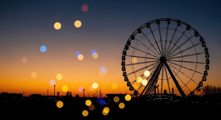 Silhouette of a ferris wheel against a vibrant sunset sky, with bokeh lights adding a touch of magic and wonder to the scene