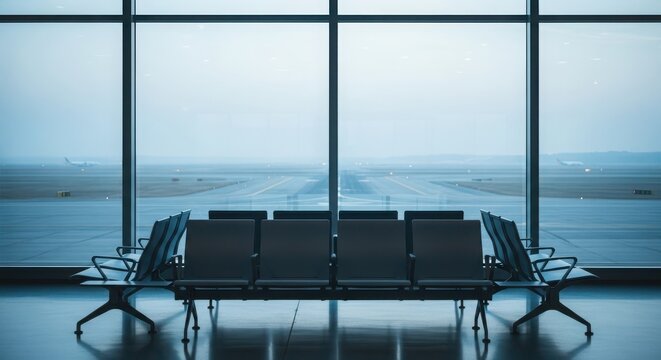 Empty airport waiting area with rows of seats facing a large window, creating a sense of anticipation and solitude before travel - Powered by Adobe