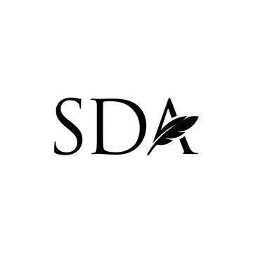 Elegant black and white logo featuring the letters SDA with a stylized feather.