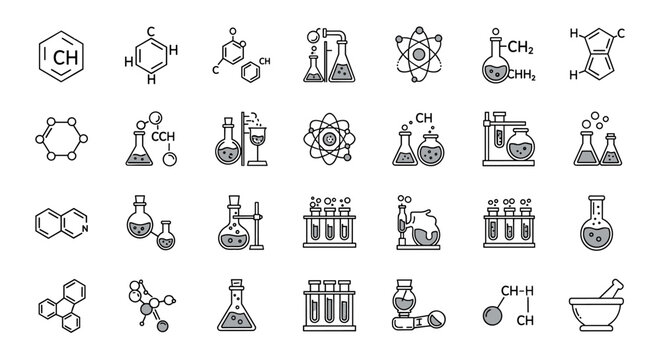 Modern Chemistry Line Icon Pack: A vibrant collection of linear images featuring chemical compounds, laboratory flasks, atoms, and molecular structures, perfect for web design, apps, and cards