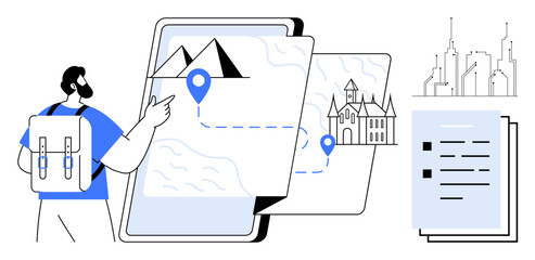 Man examines tablet map with marked locations, mountains, castle, documents, and buildings. Ideal for travel, tourism, planning navigation exploration education technology. Simple flat metaphor