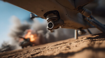 Underbelly View Drone Camera Inspecting Battle Zone Aftermath, Tank Engulfed in Flames