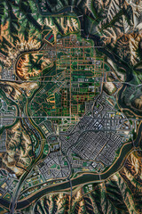 High-Resolution Satellite mage of Urban City with Deailed Streets, Skyscrapers and Surrounding Natural Trrain