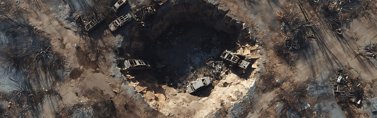 Aerial View of a Bomb Crater in Desolate Landscape Revealing War Damage