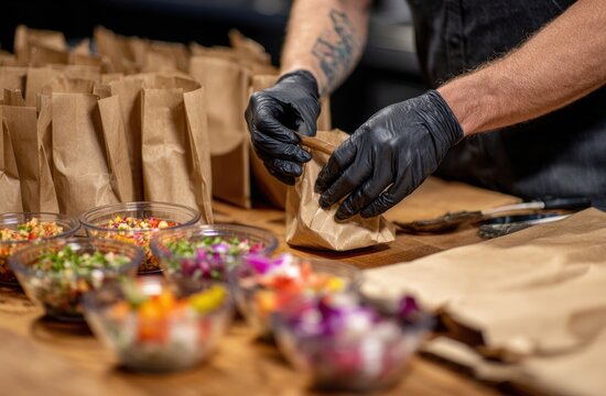 Person Packaging Items in Paper Bags at a Workspace with Colorful Supplies