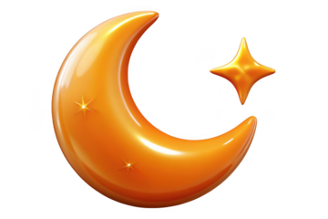 Glossy ramadan moon and star illustration, islamic holiday crescent moon and star, eid mubarak decoration, orange, isolated on transparent background