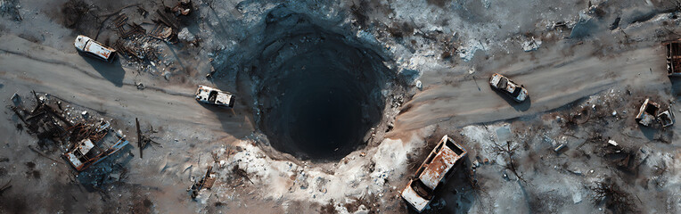 Aerial drone view of a vast explosion crater in a desolate, snow-covered landscape, surrounded by wrecked and abandoned vehicles