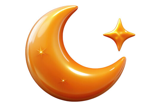 Glossy ramadan moon and star illustration, islamic holiday crescent moon and star, eid mubarak decoration, orange, isolated on transparent background