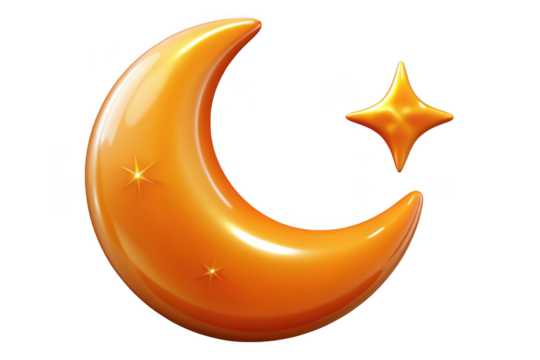 Glossy ramadan moon and star illustration, islamic holiday crescent moon and star, eid mubarak decoration, orange, isolated on transparent background