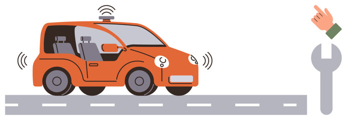 Self-driving car emitting signals on the road alongside a wrench and hand gesture. Ideal for technology, innovation, vehicle automation, repair services, safety testing, AI concepts, simple flat