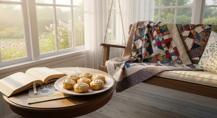 Cozy sunlit room with a hanging quilt swing, a plate of muffins, and an open book on a round table, evoking a sense of peaceful morning relaxation and home comfort