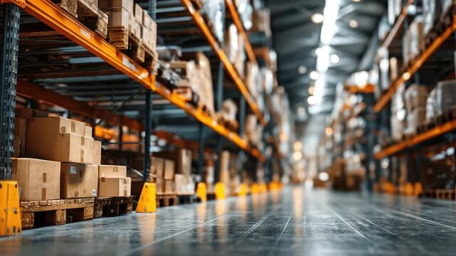 Warehouse interior with orange metal racking and stacked cardboard boxes on wooden pallets