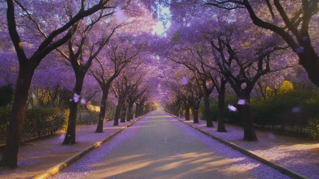 Enchanting purple jacaranda tree avenue with falling petals and golden hour sunlight creating a magical pathway serene natural beauty springtime bloom