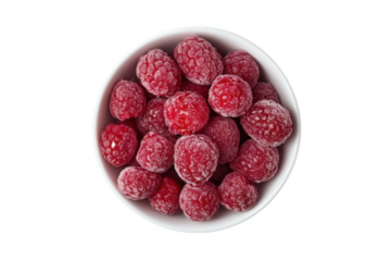 Bowl of fresh frozen raspberries, red fruit, healthy eating, antioxidants, vitamins, delicious dessert, berry isolated on transparent background
