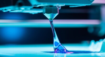 Bioprinter nozzle dispensing colored liquid material. Close up of 3d printing process. Modern biotechnology and medical science equipment concept.