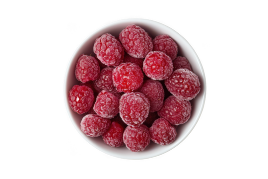 Bowl of fresh frozen raspberries, red fruit, healthy eating, antioxidants, vitamins, delicious dessert, berry isolated on transparent background