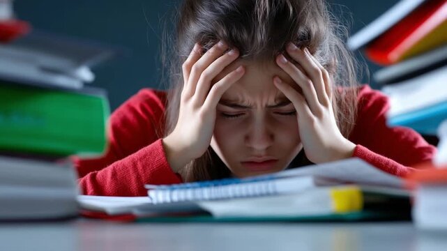 Overwhelmed with tasks: A person's face is consumed by stress and pressure, surrounded by piles of paper. Expressing feelings of being stuck in a difficult circumstance.