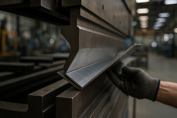 Closeup of metal sheet bending in an industrial machine during fabrication process