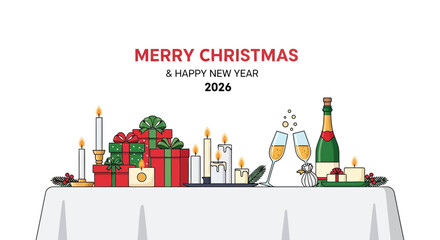 Naklejka premium Merry christmas and happy new year 2026 greeting with festive gifts champagne and candles on a table