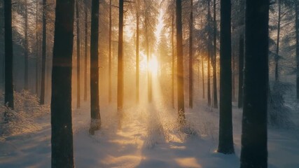 Golden sunbeams pierce snowy forest trees winter wonderland serene nature landscape peaceful atmosphere tranquil woodland path sunlight rays dappled light frosted branches evergreen pine forest - Powered by Adobe