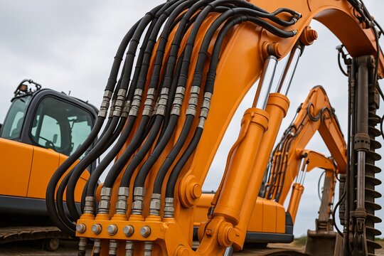 Closeup of hydraulic hoses on drilling excavator machinery Industrial construction equipment detail