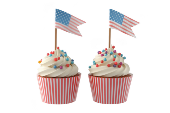 Two patriotic cupcakes with american flag toppers and sprinkles, fourth of july celebration, dessert isolated on transparent background
