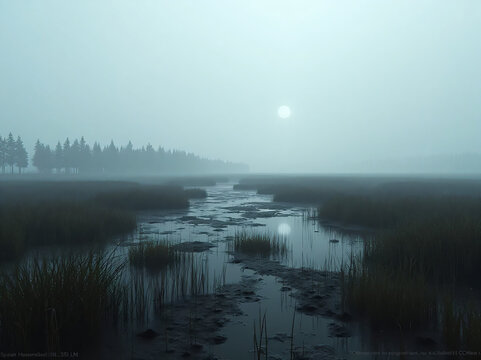 "Open Nordic wetlands under heavy rain, tall grass swaying, ripples on shallow pools, distant trees barely visible through fog, cinematic moody realism, ultra-detailed 4K environment."