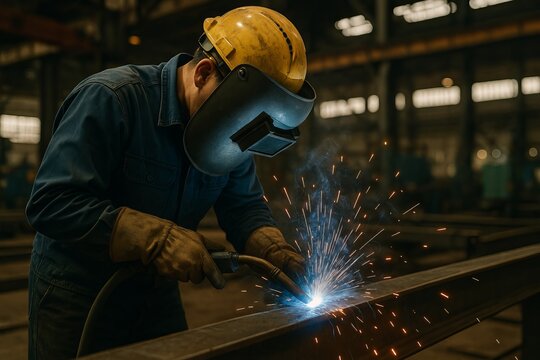 Factory worker welding steel parts bright sparks in industrial environment manufacturing process background