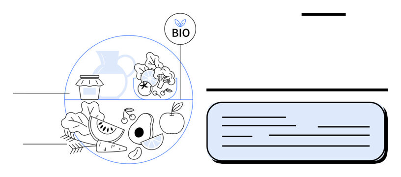 Fresh fruits, vegetables, ceramic jar, grain, and bio label emphasize natural diets. Ideal for organic product ads, sustainability campaigns, healthy eating, agriculture food packaging nature