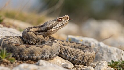 Naklejka premium Venomous Nose-Horned Viper (Vipera ammodytes) coiled and camouflaged on a sun-warmed rock in its arid natural habitat.