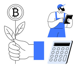 Hand holding plant with Bitcoin sign, farmer using tablet, calculator. Ideal for crypto agriculture, technology, investment, sustainability, digital finance, eco-business simple flat metaphor