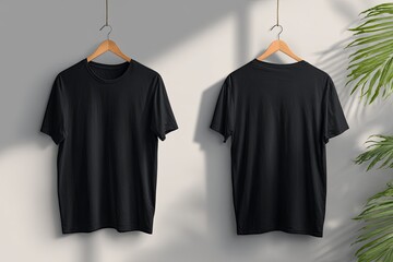 Blank black casual short sleeve upper garments displayed front and back views on hangers
