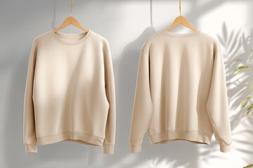Two blank beige casual long sleeve tops displayed front and back views hanging on wooden hangers