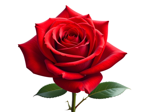 Detailed 3D red rose flower icon with fully bloomed petals and lush green leaves, perfect for celebrations and gifts, isolated on a transparent background, PNG