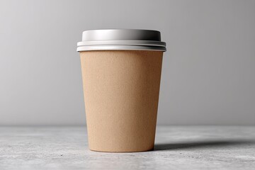 Blank brown paper beverage container with a light gray lid rests on a textured surface