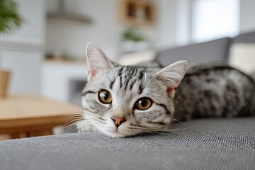 Domestic feline with striped fur rests low on textured upholstery indoors