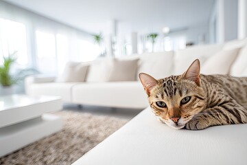 Feline companion rests peacefully on bright, modern furniture in a well-lit living space